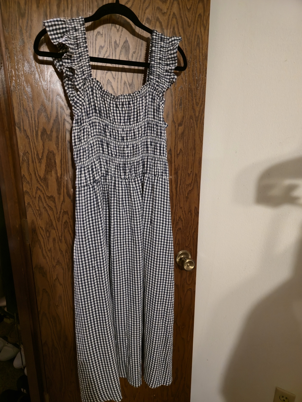 Gingham Smocked Midi Dress with Ruffle Straps - Navy & White